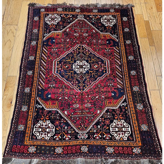Textile Vintage Persian Qashqai Tribal Area Rug, Hand-Knotted Wool, Vegetable Dye, Geometric Medallions, 6x8, Red & Navy For Sale - Image 7 of 15