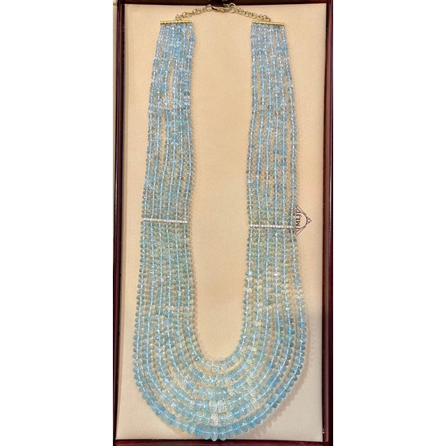 Contemporary 1100 Ct 6 Layer Natural Aquamarine Bead Necklace 14 Kt Gold and Diamond Necklace For Sale - Image 3 of 18