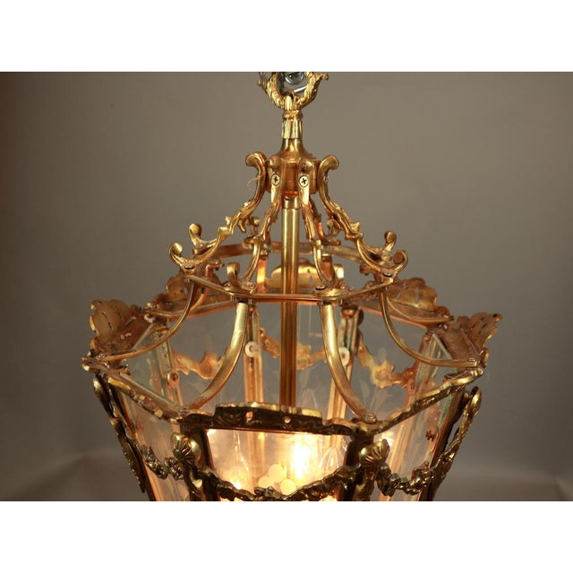 French 1970 Handcrafted Louis XVI Gold Bronze Glass Chandelier Lantern For Sale - Image 3 of 18