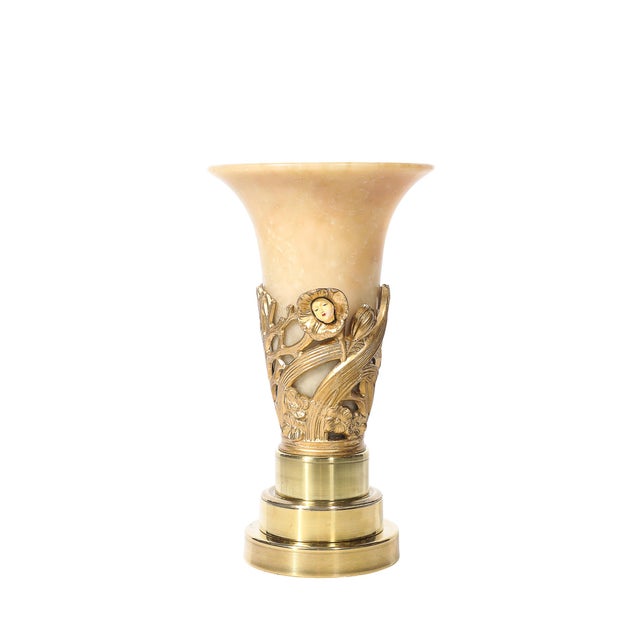 1930s 1930s Art Deco Gilt Bronze & Alabaster Table Lamps on Polished Brass Bases - a Pair For Sale - Image 5 of 14