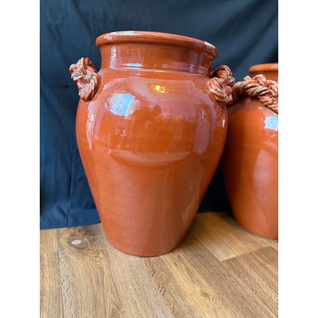 Pair of Large Vintage Vietri Italian Terracotta Vases With Braided Rope Handles For Sale In Los Angeles - Image 6 of 6