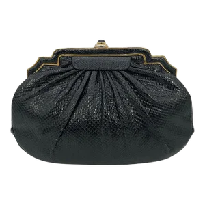 Judith Leiber Black Lizard Gold Deco Top Edge Clutch