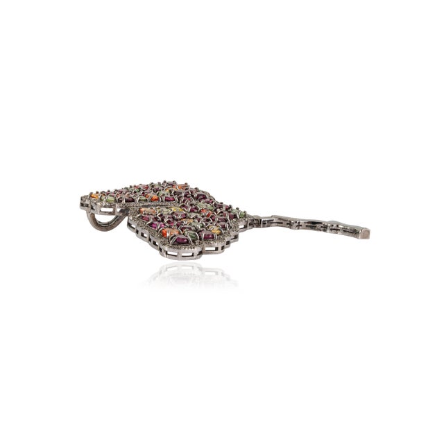 Metal Tutti Frutti 8Ct Multi Gem & Diamond Ginkgo Leaf Brooch Pendant in Oxidized Sterling Silver For Sale - Image 7 of 14