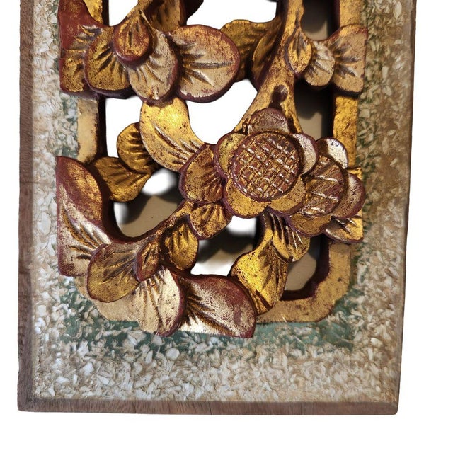 Pair of Wood, Gilt, & Mica Chinese Panels Carved with mica or similar 13.5 x 5.5 x 1 inch These wood carved panels are...