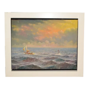 White Framed O. Moncayo Seascape Painting Acrylic on Canvas Mid-Century Modern