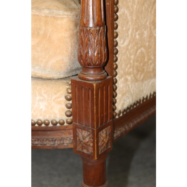 Pair of Antique French Louis XVI Bergère Chairs, Walnut Carved Frames With Down Cushions, Turn of the Century For Sale - Image 15 of 15