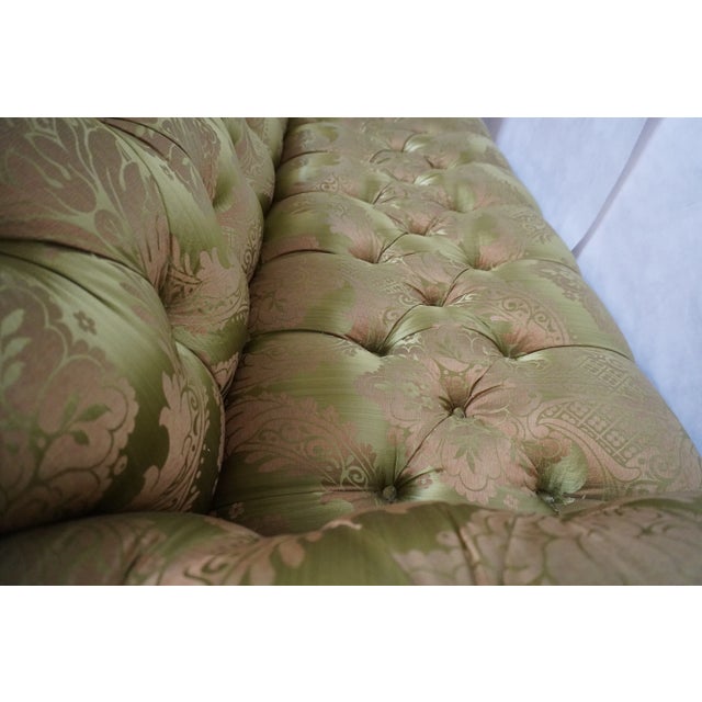 Pair of Custom Curved Back Tufted Damask Sofas Includes Additional Silk Velvet Slipcovers For Sale - Image 15 of 18