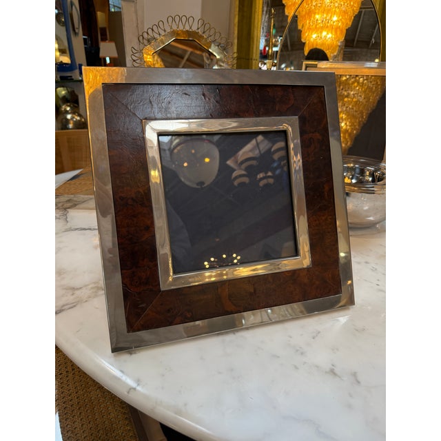 Italian Signed Tommaso Barbi Italian Burl Wood and Brass Picture Frame, 1970s For Sale - Image 3 of 6