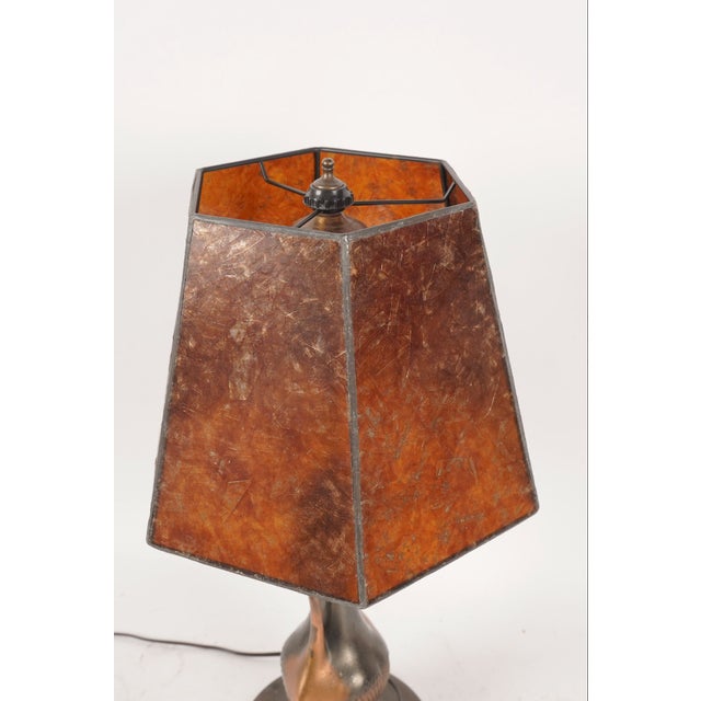 Metal Vintage Art Nouveau Crane Lamp With a Nautical Sailing Ship Mica Shade For Sale - Image 7 of 7