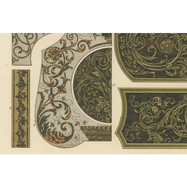 After Racinet, 17th-18th Century French Decorative Panels with Gilded Scrollwork and Inlay, 1869, Print For Sale - Image 4 of 10
