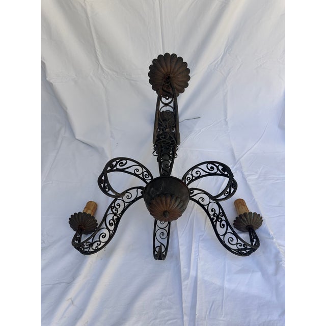 1930s Wrought Iron 3-Arm Scroll Chandelier For Sale - Image 4 of 4