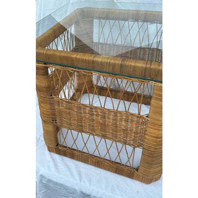 Wood 1970’s Woven Wicker Natural RattanTable With Glass Top For Sale - Image 7 of 12