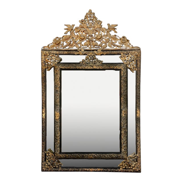 Huge Antique French Repose Brass Mounted Mirror W Birds For Sale