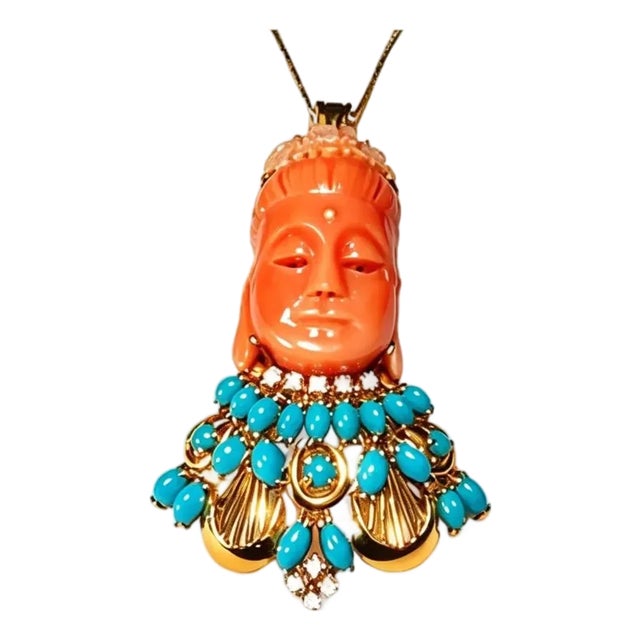 1960s 18K Yellow Gold Carved Coral Diamond Turquoise Brooch Pin Pendant For Sale
