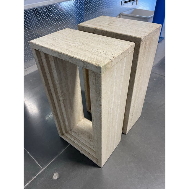 Architectural Travertine Pedestal Tables, a Pair, Italian Modern Style For Sale - Image 9 of 12