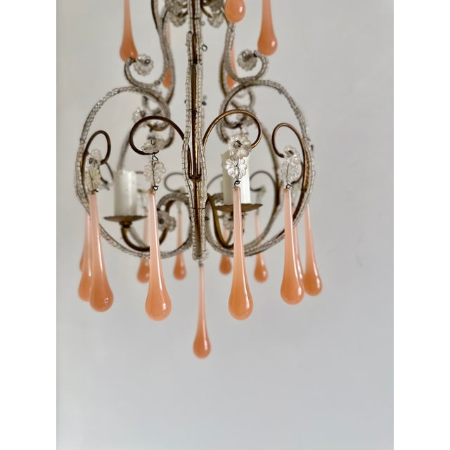 Mid-Century Modern Venetian Style Beaded Brass Chandelier with Pink Murano Glass Drops, Italy, 1950s For Sale - Image 3 of 18
