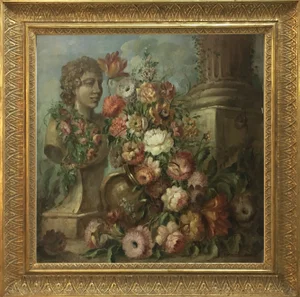 Flowers and Ruins Painting, Italian School, Oil on Canvas, Framed