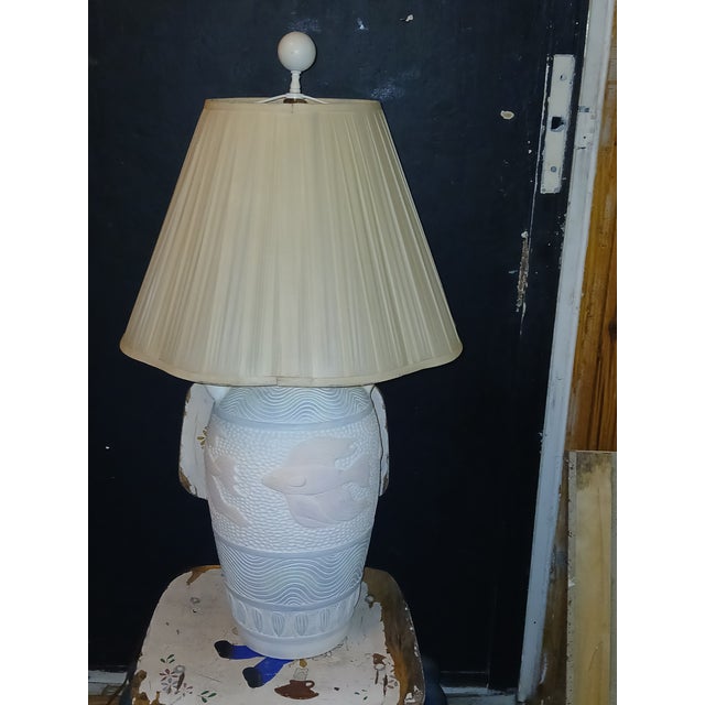 Metal Vintage Dayle Rushall Signed Coastal Fish Amphora Table Lamp - Carved Studio Pottery For Sale - Image 7 of 10