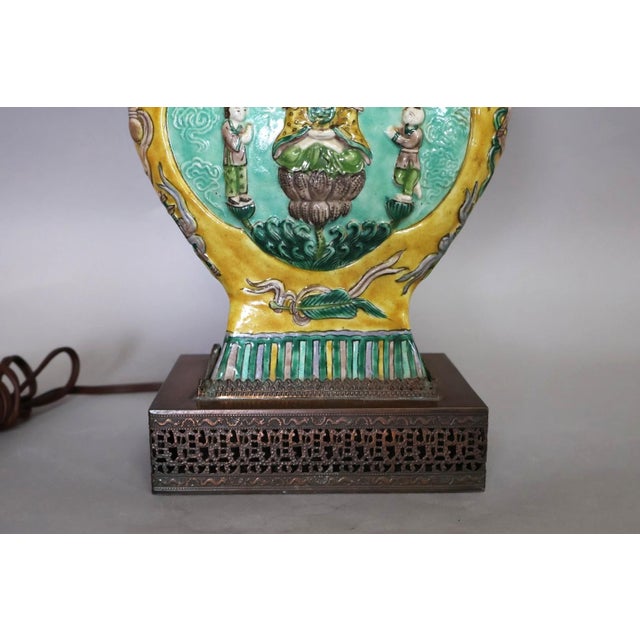 Vintage Chinese Famille Jaune Porcelain Guanyin Table Lamp With Dragon Handles, C. 1900 For Sale - Image 12 of 16