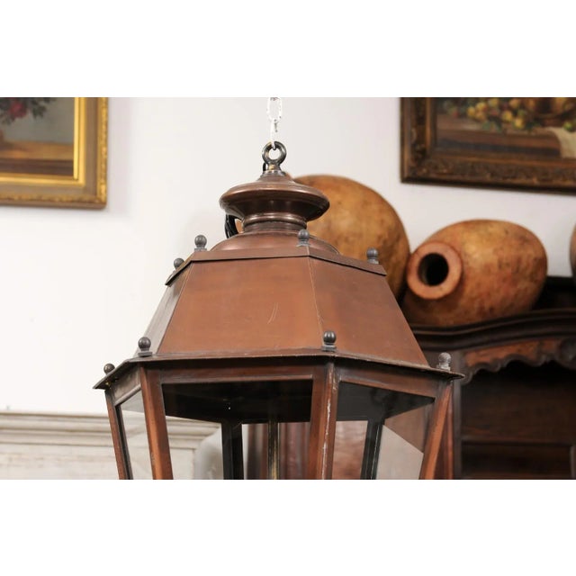 French Copper Three-Light Hexagonal Lanterns with Glass Panels, US Wired - A Pair For Sale - Image 9 of 12