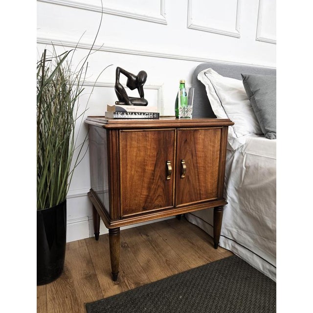 Beautiful Italian 1950s Mid-Century Modern pair of night stands bed side tables with simple and elegant wooden squared...
