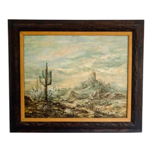 Mid-Century Desert Landscape Oil Painting by J. Stewart