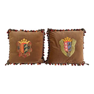 Pair of Velvet Pillows With 19th Century Metallic & Silk Embroidered Crests For Sale