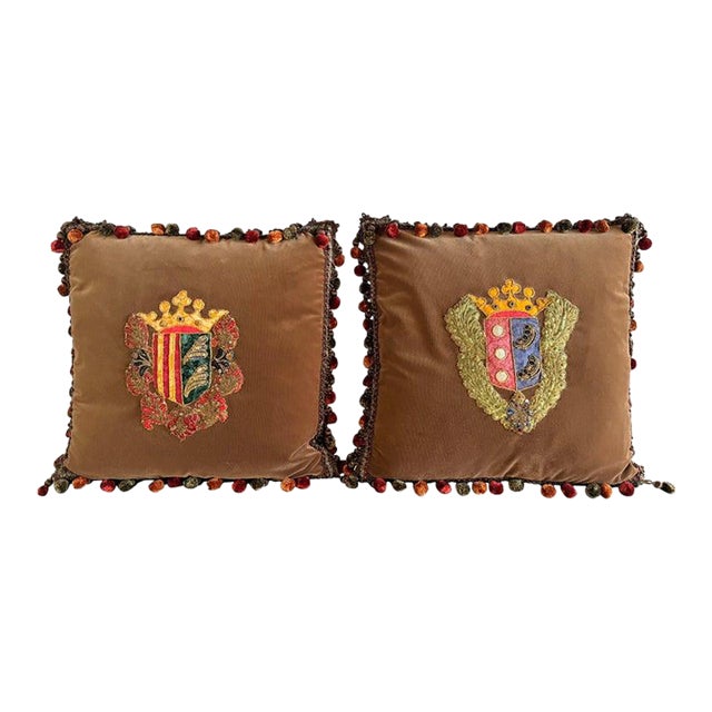 Pair of Velvet Pillows With 19th Century Metallic & Silk Embroidered Crests For Sale