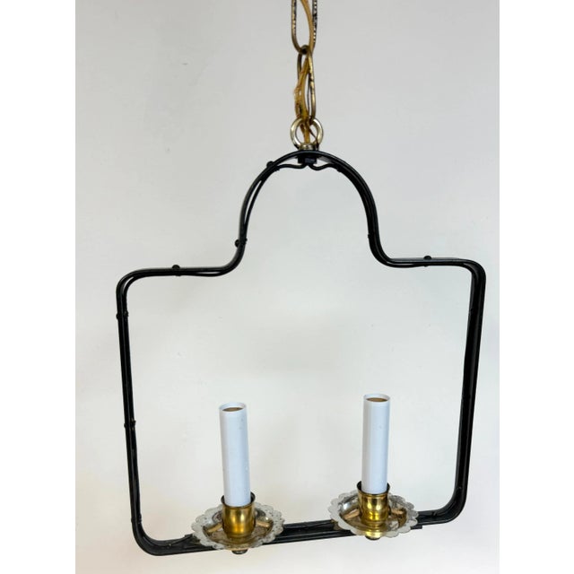 French Modern Stitched Wrought Iron 2-Light Lantern, Style of Adnet, France, circa 1950s This exquisite French Modern...