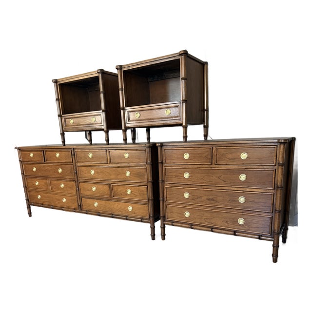 Professionally Restored Mid-Century National Mount Airy Faux Bamboo Bedroom Set - 4 Pieces For Sale
