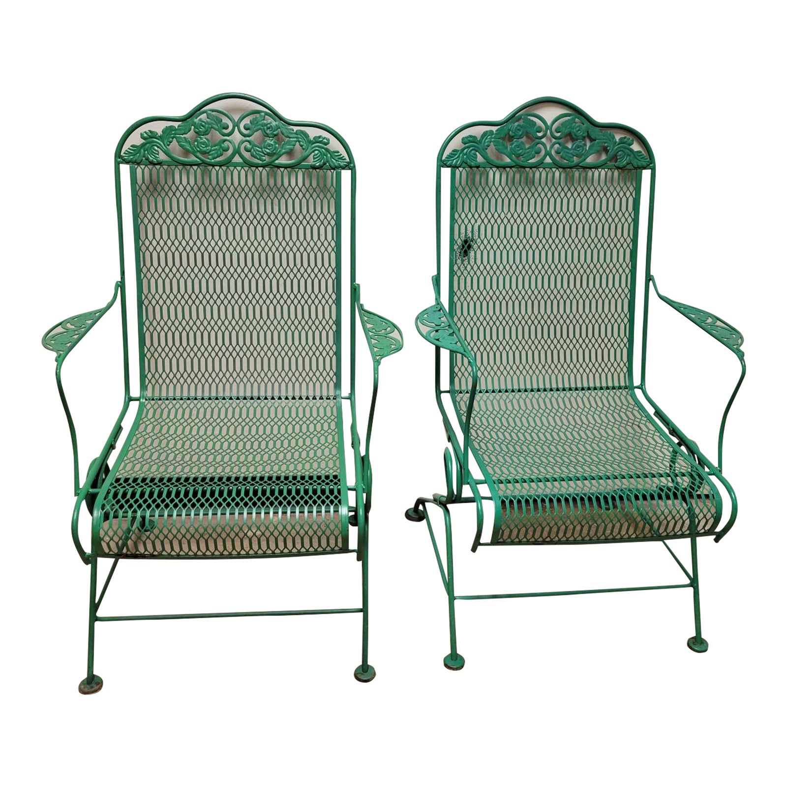 Vintage Woodard Style Green Wrought Iron High Back Coil Spring Bouncer