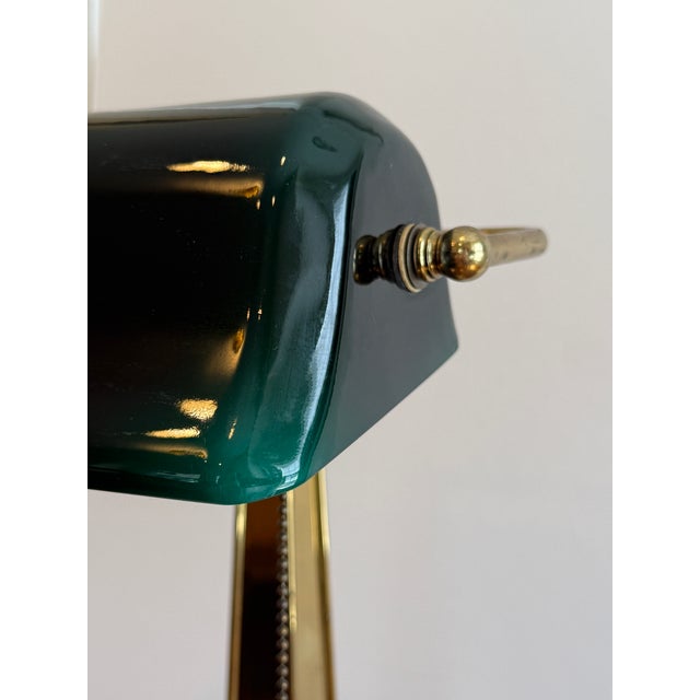 Metal Vintage Banker's Green Glass & Brass Desk Lamp For Sale - Image 7 of 12
