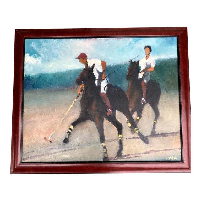 1980’s Original Double Polo Sport Horseman Painting Framed Signed For Sale