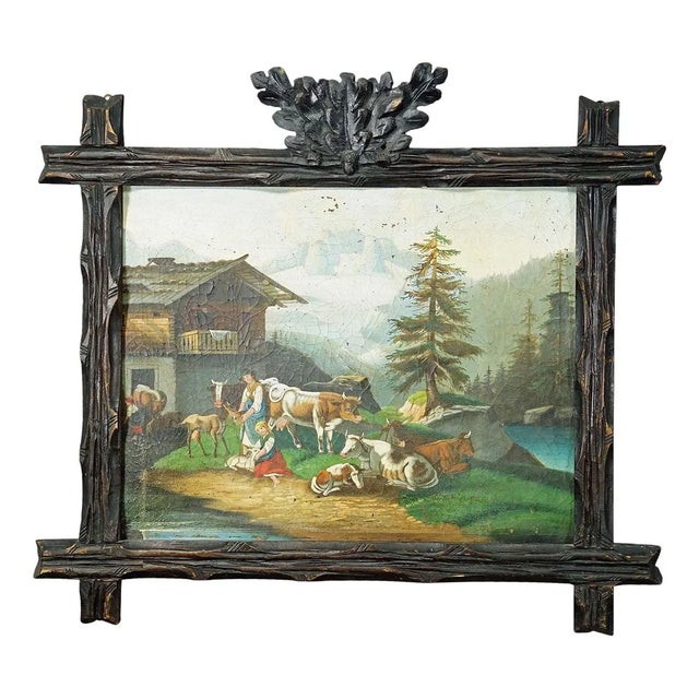 Folksy Scene with Cattles, Goats and Farmer's Wives, 1900s, Oil Painting For Sale