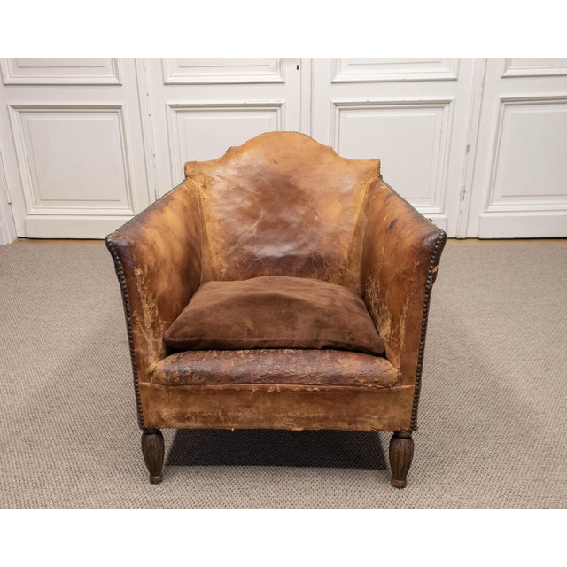 French Sheep Leather and Velvet Lounge Chair in the style of Louis Chambry, 1920s For Sale - Image 4 of 12