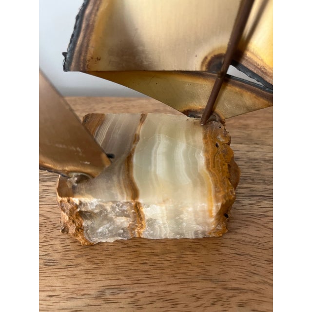 Brass 1970s Vintage Brutalist Brass Sailboat Sculpture on Onyx Base Signed-Mario Jason For Sale - Image 8 of 9