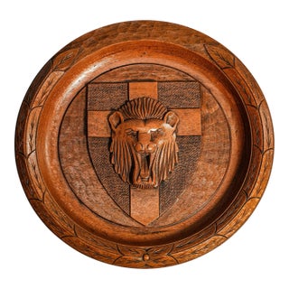 Hand Carved Lion Plaque Antique Victorian English Heraldic Wood Medallion Wall Home Decor For Sale