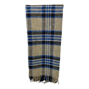 Super Soft Merino Wool Throw in a Masculine Grey & Blue Plaid Pattern. Made in England