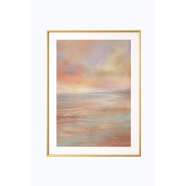 Sunset coastal wall art featuring a soft abstract beach scene with warm pastel tones, blended horizon light, and gentle...
