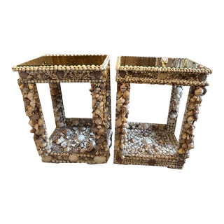 Pair of Italian Baroque Grotto Style Mirrored Console Seashell End Tables For Sale