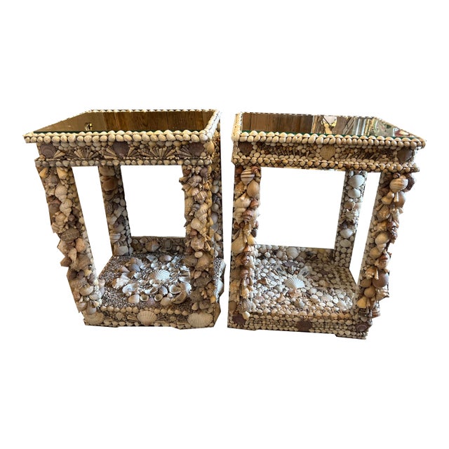 Pair of Italian Baroque Grotto Style Mirrored Console Seashell End Tables For Sale
