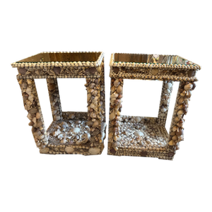Pair of Italian Baroque Grotto Style Mirrored Console Seashell End Tables