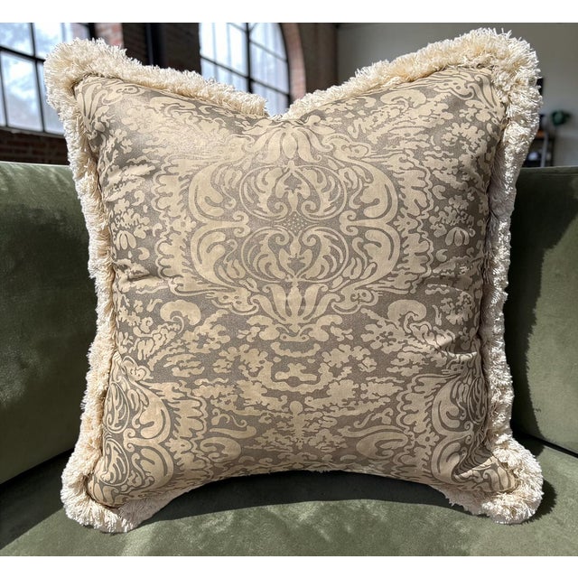 Italian Mariano Fortuny Silver & Beige Damask Designer Pillow - 1 of 2 For Sale - Image 3 of 5