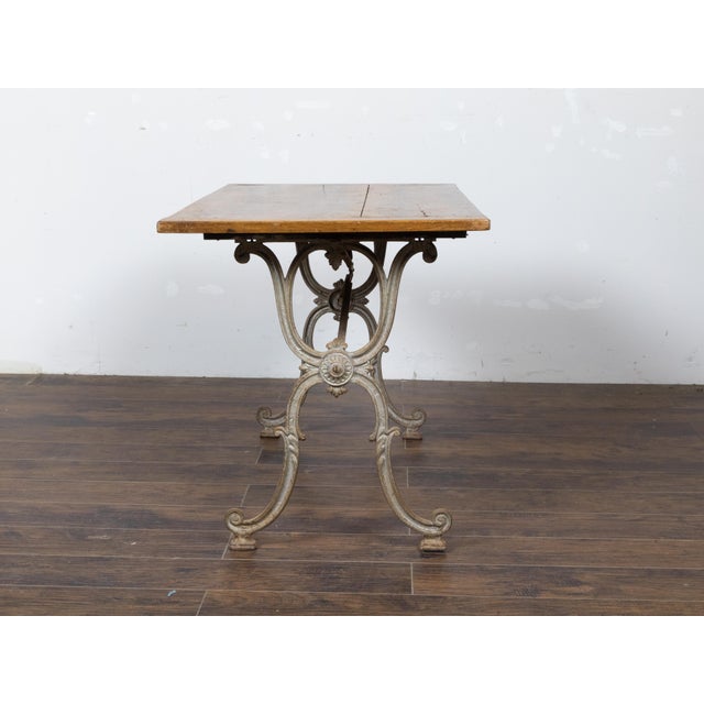French 1900s Steel and Wood Console Table with Curving X-Form Legs and Stretcher For Sale - Image 9 of 12