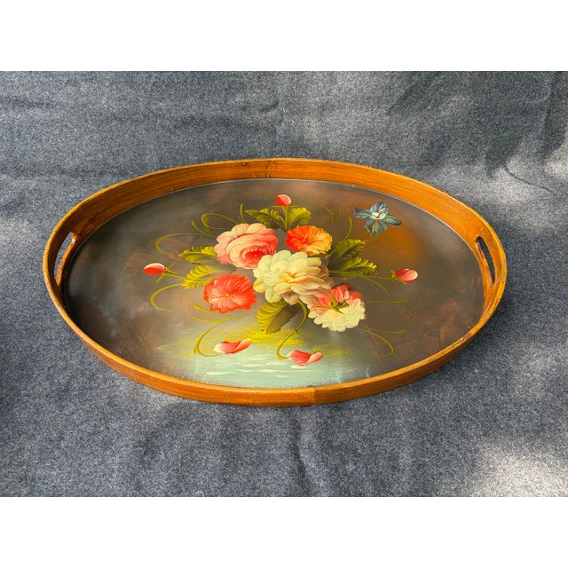 Vintage Oval Wood Floral Tole Painted Tray For Sale - Image 17 of 17