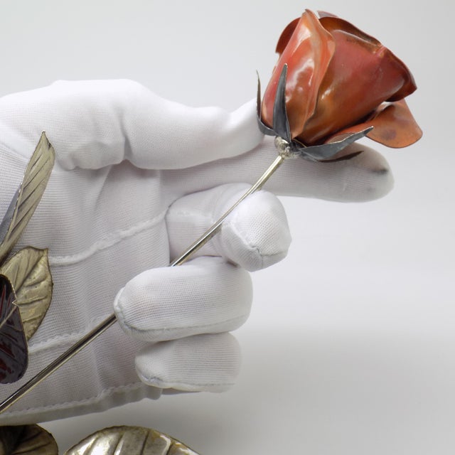 An extraordinary vintage long stem rose, handmade in Padua between the 1970s and 1980s, in solid Sterling Silver (925/000)...