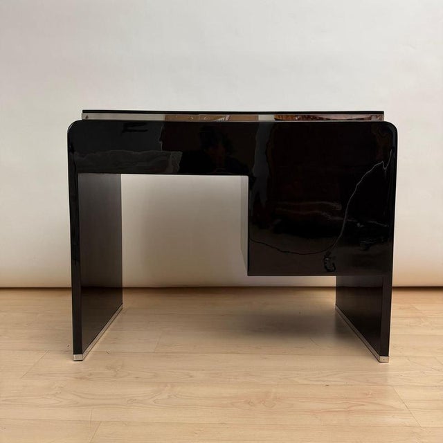 Small Art Deco Desk in Black Lacquer, Nickel, and Bird's Eye Maple, France, 1930s For Sale - Image 14 of 18