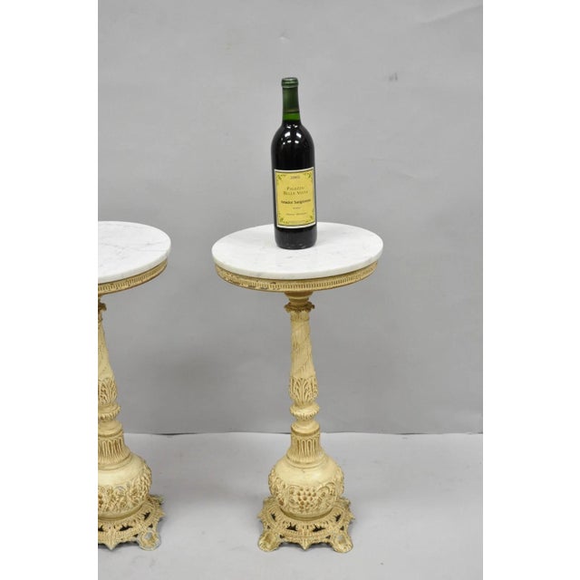 Hollywood Regency Vintage Hollywood Regency Small Metal Pedestal Marble Top Drinks Side Table Pair For Sale - Image 3 of 18