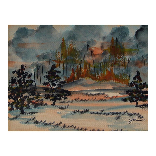 1948 Cheyenne Mountain Forest Fire Watercolor Painting For Sale