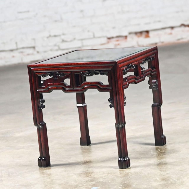 Chinoiserie Late 20th Century Ming Style Rosewood End or Side Table With Square Glass Inset Top Made in China For Sale - Image 3 of 12